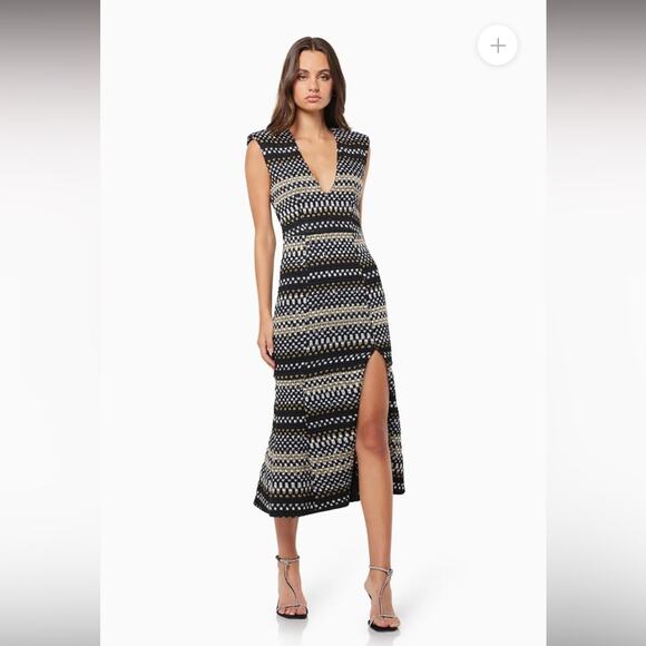 elliatt margie black & white tweed chevron deep v slit midi dress size small NEW - Picture 12 of 16